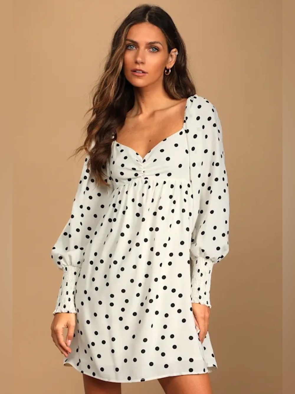Lulus White Black Polka Dot Mini Dress Open Back Long Sleeve Size L